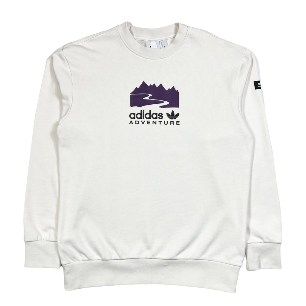 Vintage cream Adidas Adventure sweatshirt with printed purple spell out