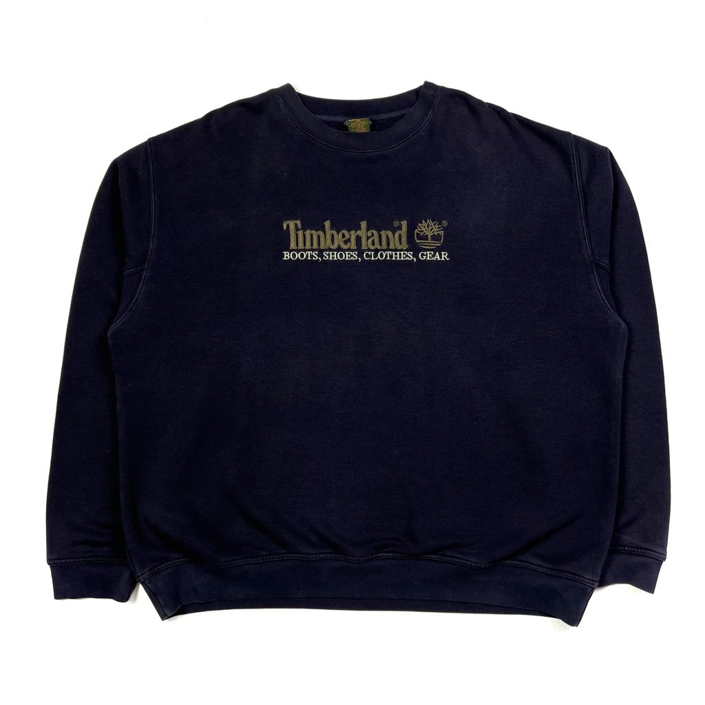 Vintage Timberland navy sweatshirt with embroidered spell out logo