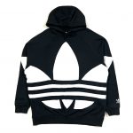 Black Adidas hoodie with a big white Trefoil logo