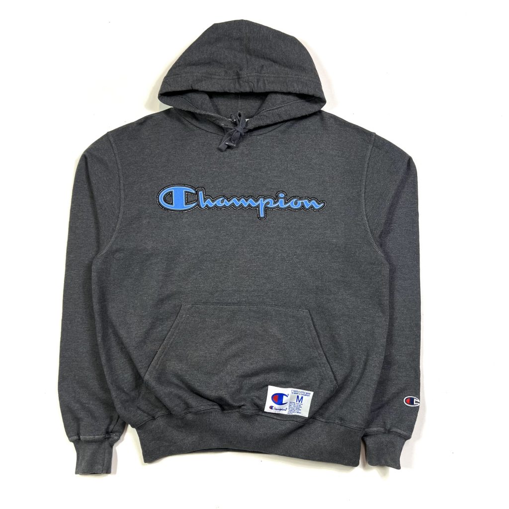 champion grey hoodie with embroidered blue script logo