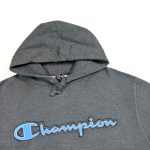 champion grey hoodie with embroidered “champion” on the front
