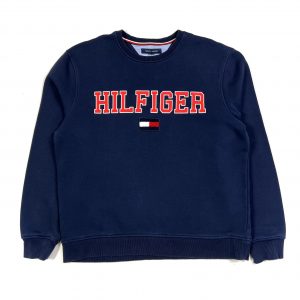 navy vintage tommy hilfiger sweatshirt with red printed “hilfiger” logo