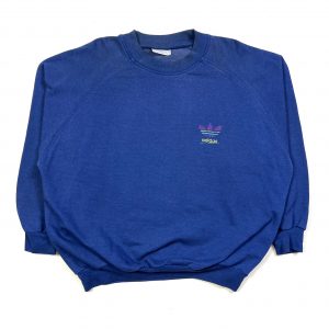 vintage 90s adidas blue sweatshirt with multicoloured printed trefoil logo