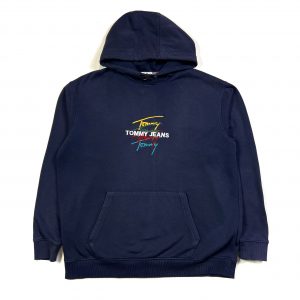 navy tommy hilfiger embroidered hoodie with multicoloured repeat logo