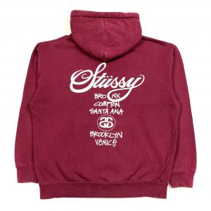 vintage stüssy burgundy printed back graphic hoodie