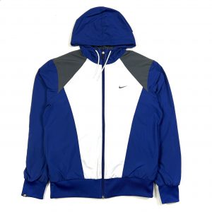 a blue vintage nike swoosh track jacket with a hood