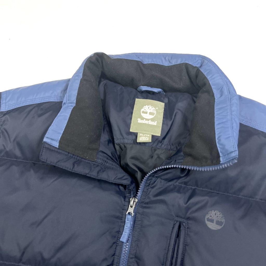 timberland navy zip up puffer jacket with zip pockets