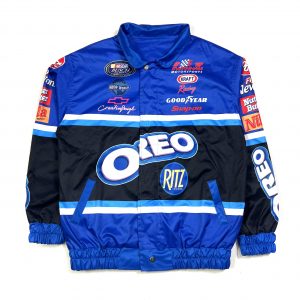 vintage usa blue racing jacket with oreo, ritz logos