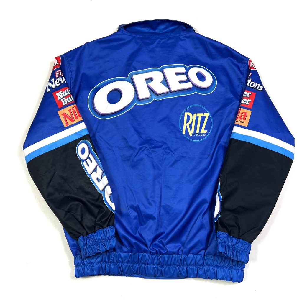 vintage usa blue racing jacket with oreo, ritz logos