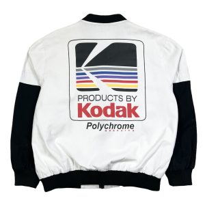an old vintage kodak printed back logo white bomber jacket