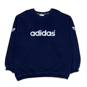 vintage adidas navy spell out sweatshirt with trefoil logo on the sleeves