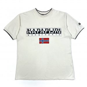 Vintage Napapijri Beige T-shirt with Embroidered Spell Out Logo