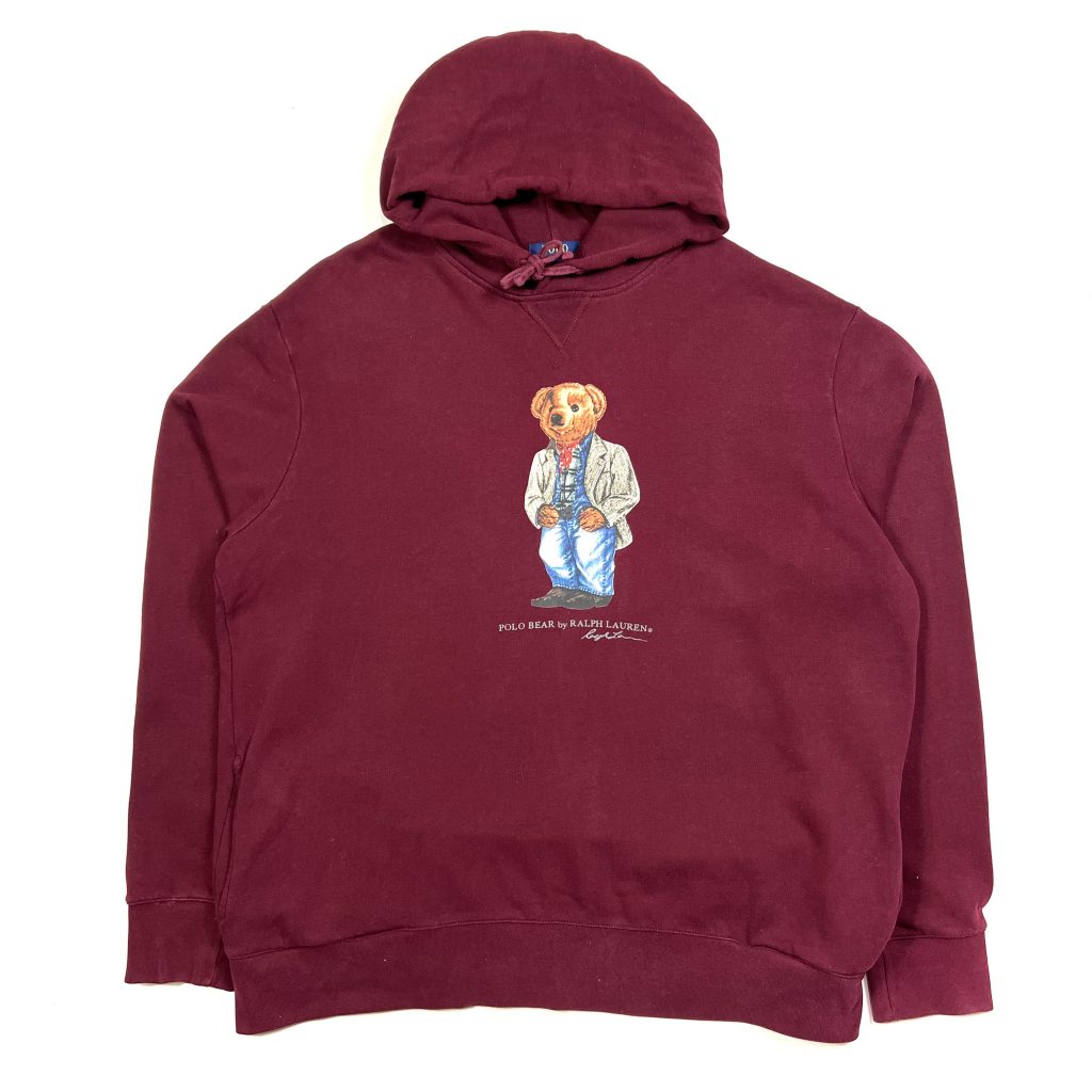 vintage ralph lauren bear printed burgundy hoodie