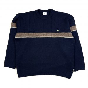 vintage lacoste navy knit jumper with beige band