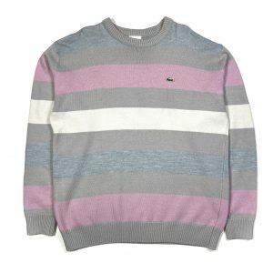 Vintage Lacoste Grey And Pink Striped Knit Jumper